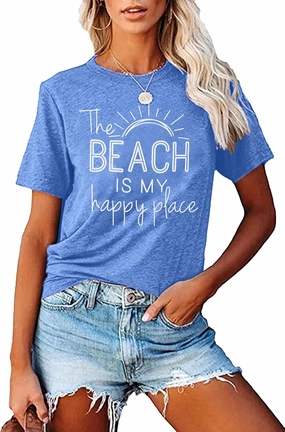 Beach Shirt Women The Beach is My Happy Place T Shirt Short Sleeve Casual Summer Vacation Tees Top