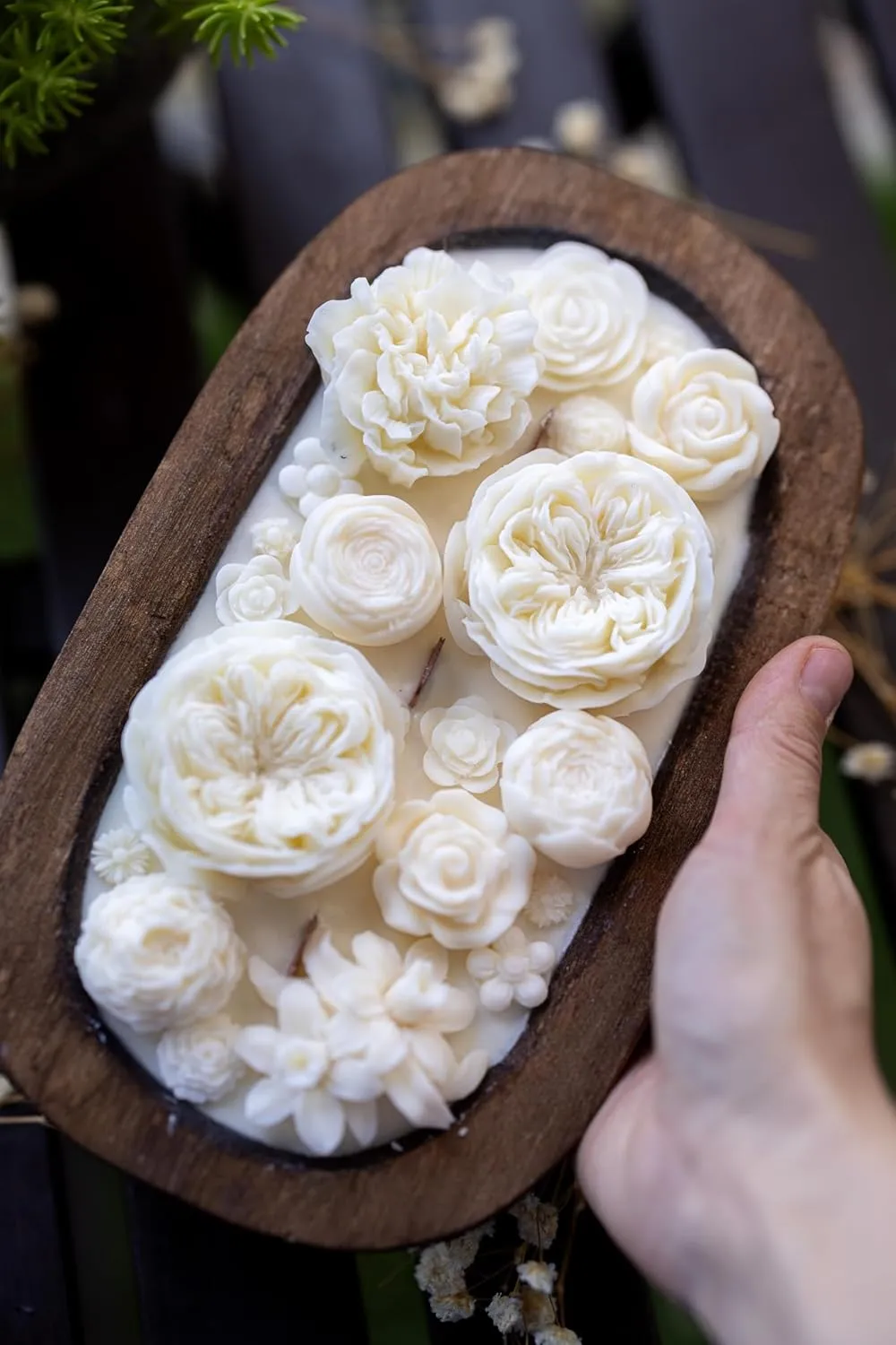Beatuful Flowers Bowl Candle |Flower Scented |Handcrafted/Farmhouse Candle/Large Wooden (Regular Bowl likepic, Rose Petals)