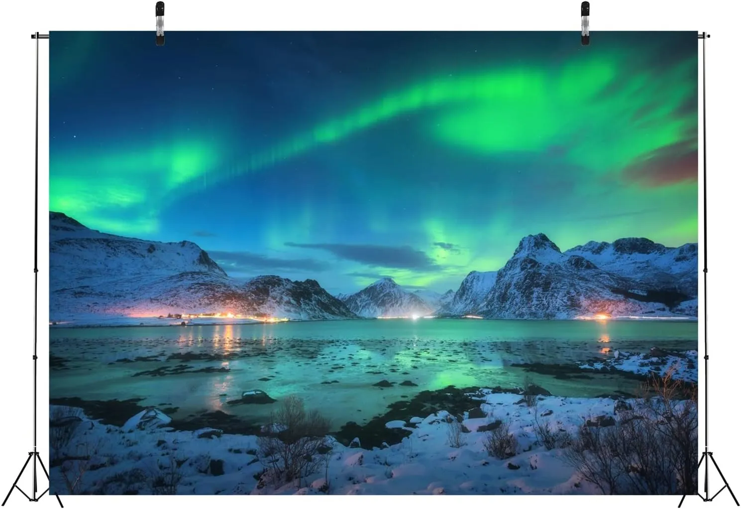 BELECO 10x6.5ft Fabric Aurora Borealis Night Sky Backdrop Arctic Snow-Capped Mountains Lake Scenery Starry Sky with Polar Lights Norway Winter Landscape Background Wallpaper Home Decor Photo Props