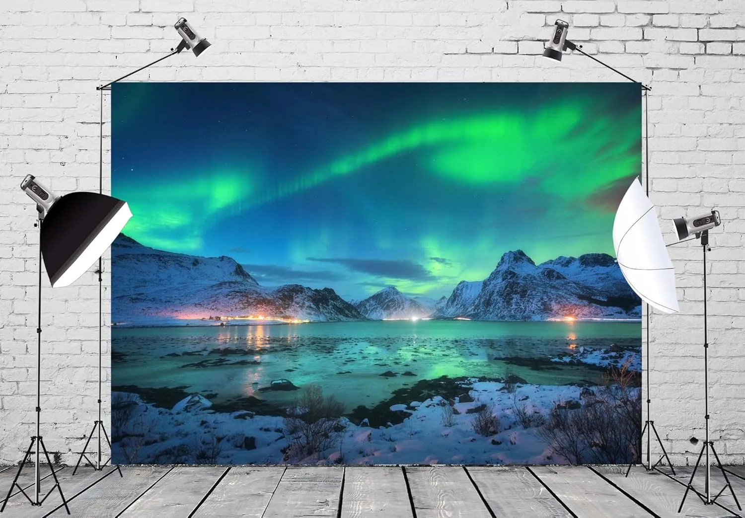 BELECO 10x6.5ft Fabric Aurora Borealis Night Sky Backdrop Arctic Snow-Capped Mountains Lake Scenery Starry Sky with Polar Lights Norway Winter Landscape Background Wallpaper Home Decor Photo Props