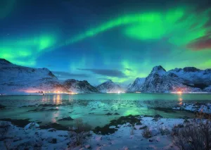 BELECO 10x6.5ft Fabric Aurora Borealis Night Sky Backdrop Arctic Snow-Capped Mountains Lake Scenery Starry Sky with Polar Lights Norway Winter Landscape Background Wallpaper Home Decor Photo Props