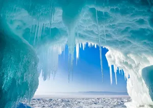 BELECO 10x8ft Fabric Lake Baikal in Winter Photography Backdrop Olkhon Island Ice Cave Scenery Background Christmas Winter Frozen Snow Ice Crystal Pendant Backdrop Children Portrait Photo Props