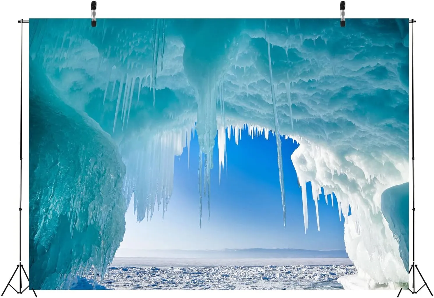 BELECO 10x8ft Fabric Lake Baikal in Winter Photography Backdrop Olkhon Island Ice Cave Scenery Background Christmas Winter Frozen Snow Ice Crystal Pendant Backdrop Children Portrait Photo Props