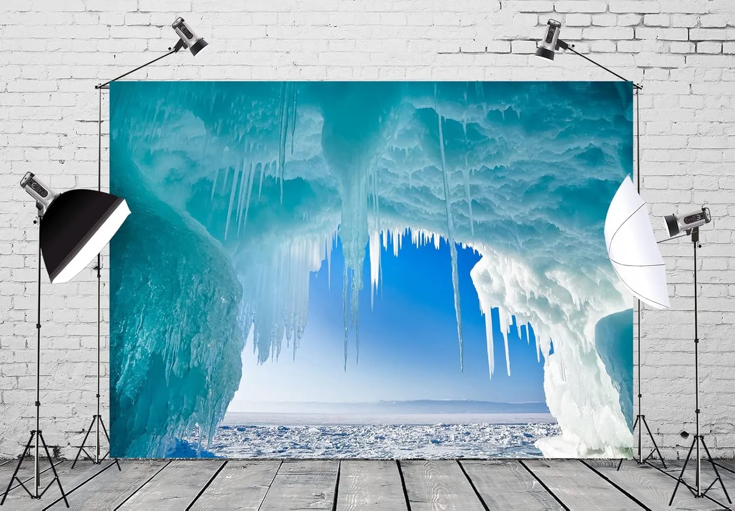 BELECO 10x8ft Fabric Lake Baikal in Winter Photography Backdrop Olkhon Island Ice Cave Scenery Background Christmas Winter Frozen Snow Ice Crystal Pendant Backdrop Children Portrait Photo Props
