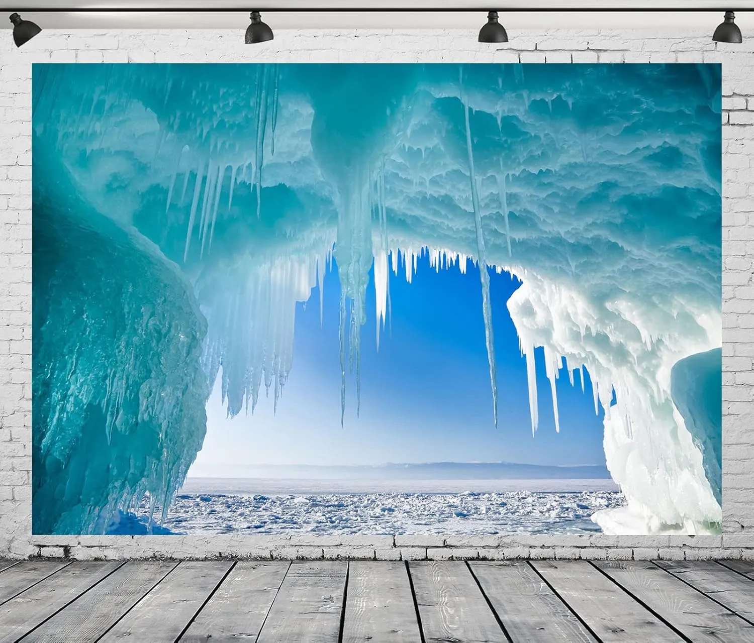 BELECO 10x8ft Fabric Lake Baikal in Winter Photography Backdrop Olkhon Island Ice Cave Scenery Background Christmas Winter Frozen Snow Ice Crystal Pendant Backdrop Children Portrait Photo Props