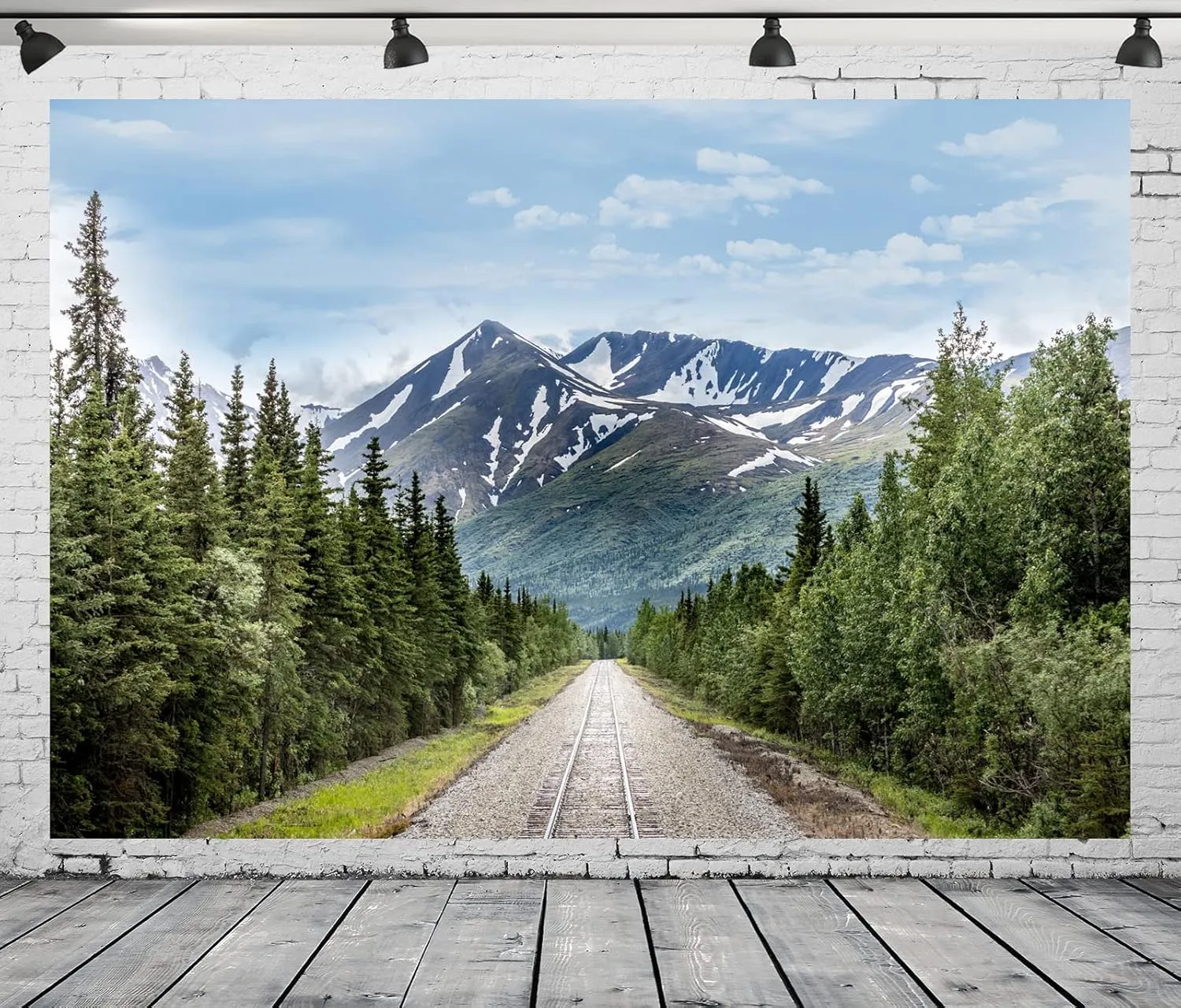 BELECO 10x8ft Fabric Snow-Capped Mountains Railroad Track Backdrop Alaska Wilderness Road Pine Trees Forest Snow Mountains Nature Landscape Background Wallpaper Photo Booth Studio Props