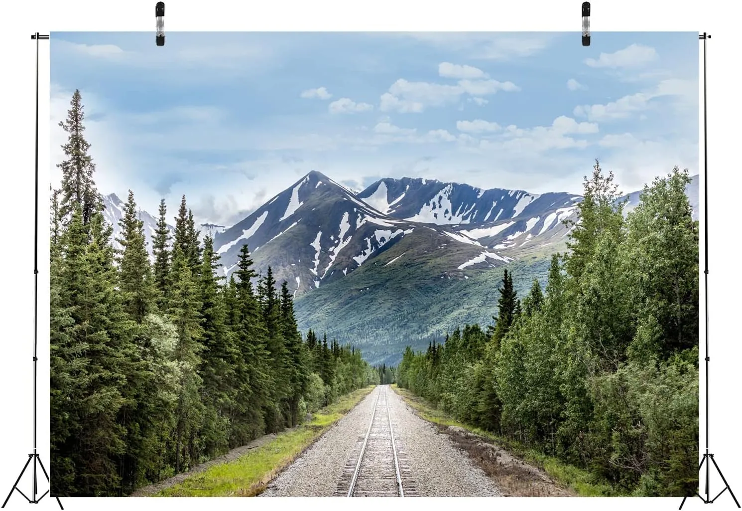 BELECO 10x8ft Fabric Snow-Capped Mountains Railroad Track Backdrop Alaska Wilderness Road Pine Trees Forest Snow Mountains Nature Landscape Background Wallpaper Photo Booth Studio Props