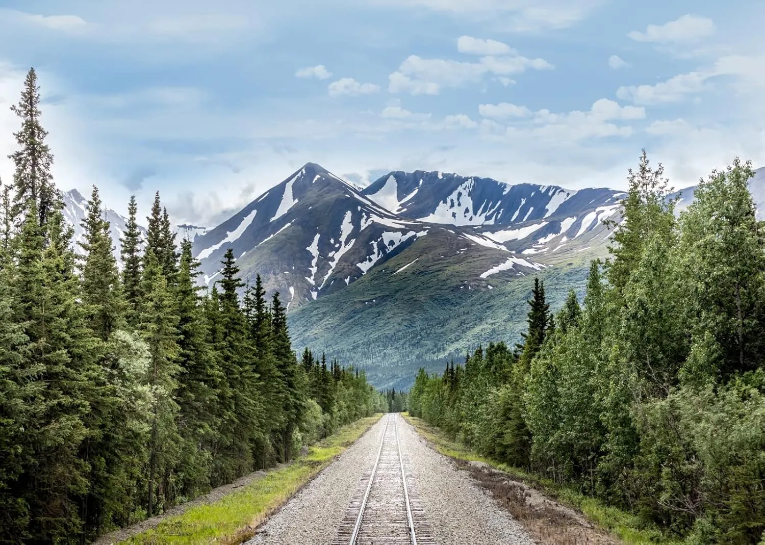 BELECO 10x8ft Fabric Snow-Capped Mountains Railroad Track Backdrop Alaska Wilderness Road Pine Trees Forest Snow Mountains Nature Landscape Background Wallpaper Photo Booth Studio Props
