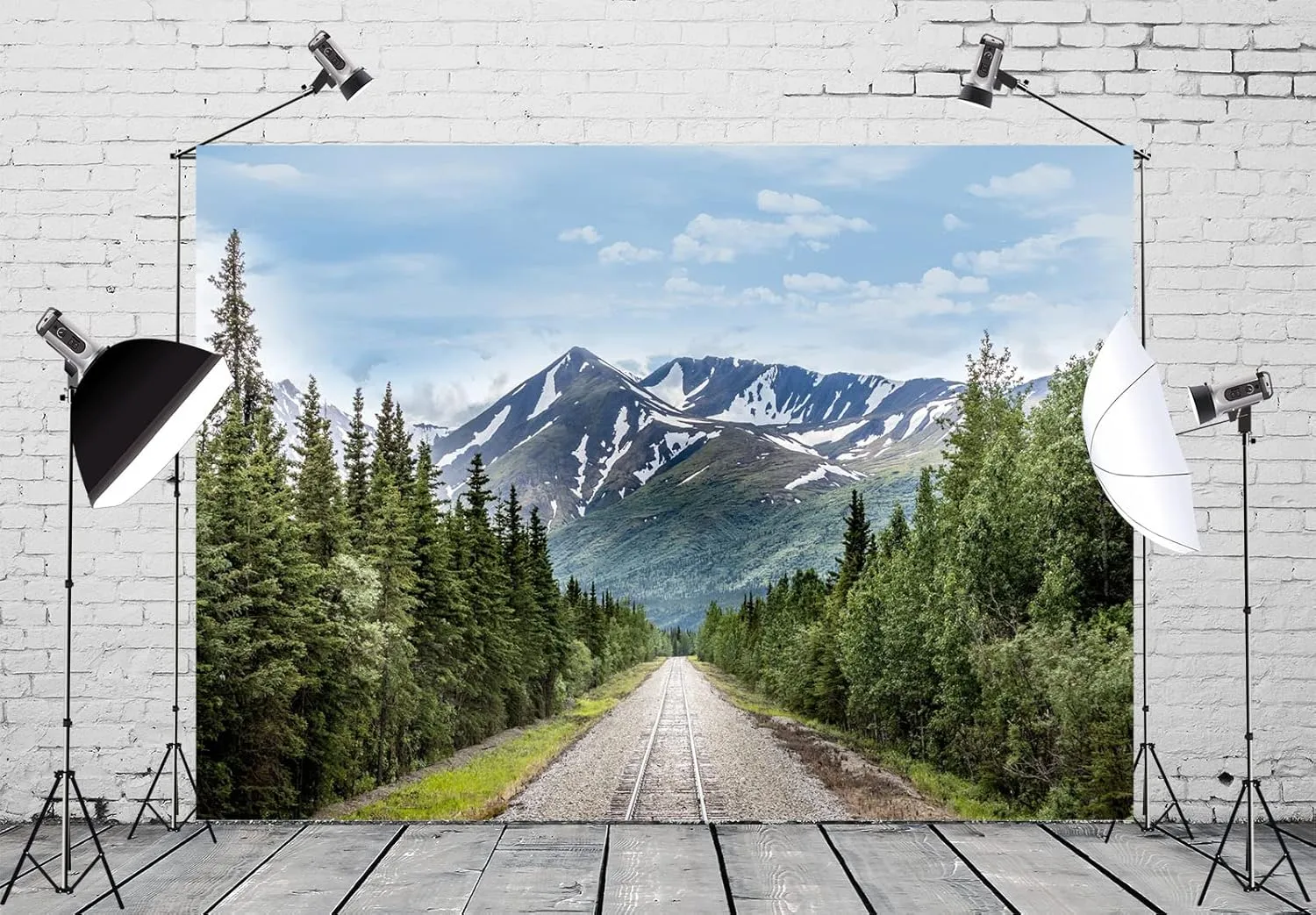 BELECO 10x8ft Fabric Snow-Capped Mountains Railroad Track Backdrop Alaska Wilderness Road Pine Trees Forest Snow Mountains Nature Landscape Background Wallpaper Photo Booth Studio Props