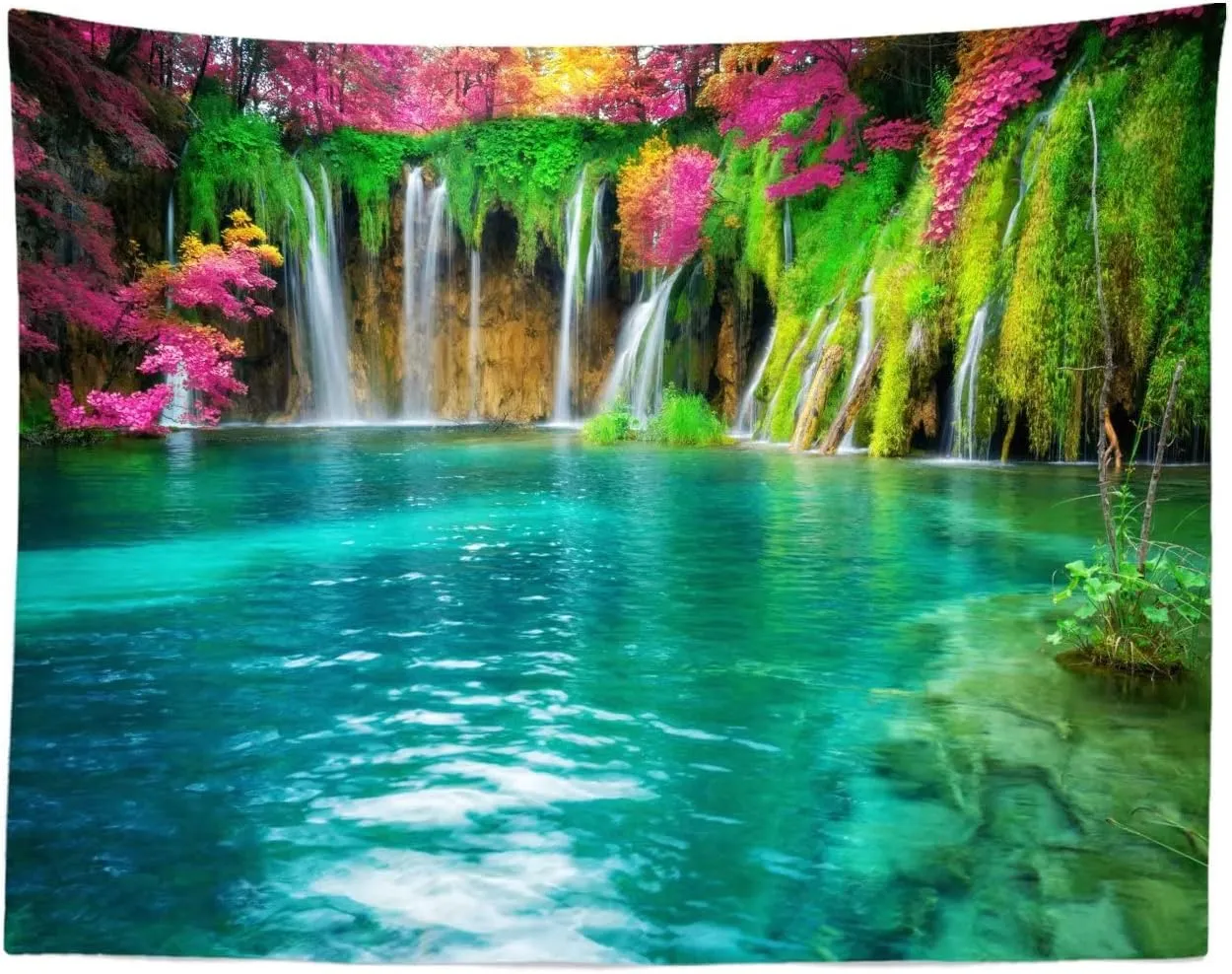 BELECO 12x10ft Fabric Forest Lake Backdrop Picturesque Waterfall Blooming Flowers Photography Backdrop Flowing Water Green Scenery Background Wallpaper Kids Adults Portrait Photo Shoot Studio Props