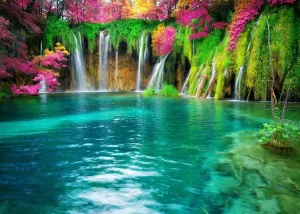 BELECO 12x10ft Fabric Forest Lake Backdrop Picturesque Waterfall Blooming Flowers Photography Backdrop Flowing Water Green Scenery Background Wallpaper Kids Adults Portrait Photo Shoot Studio Props