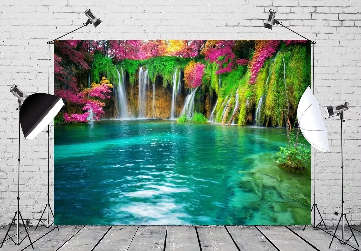 BELECO 12x10ft Fabric Forest Lake Backdrop Picturesque Waterfall Blooming Flowers Photography Backdrop Flowing Water Green Scenery Background Wallpaper Kids Adults Portrait Photo Shoot Studio Props
