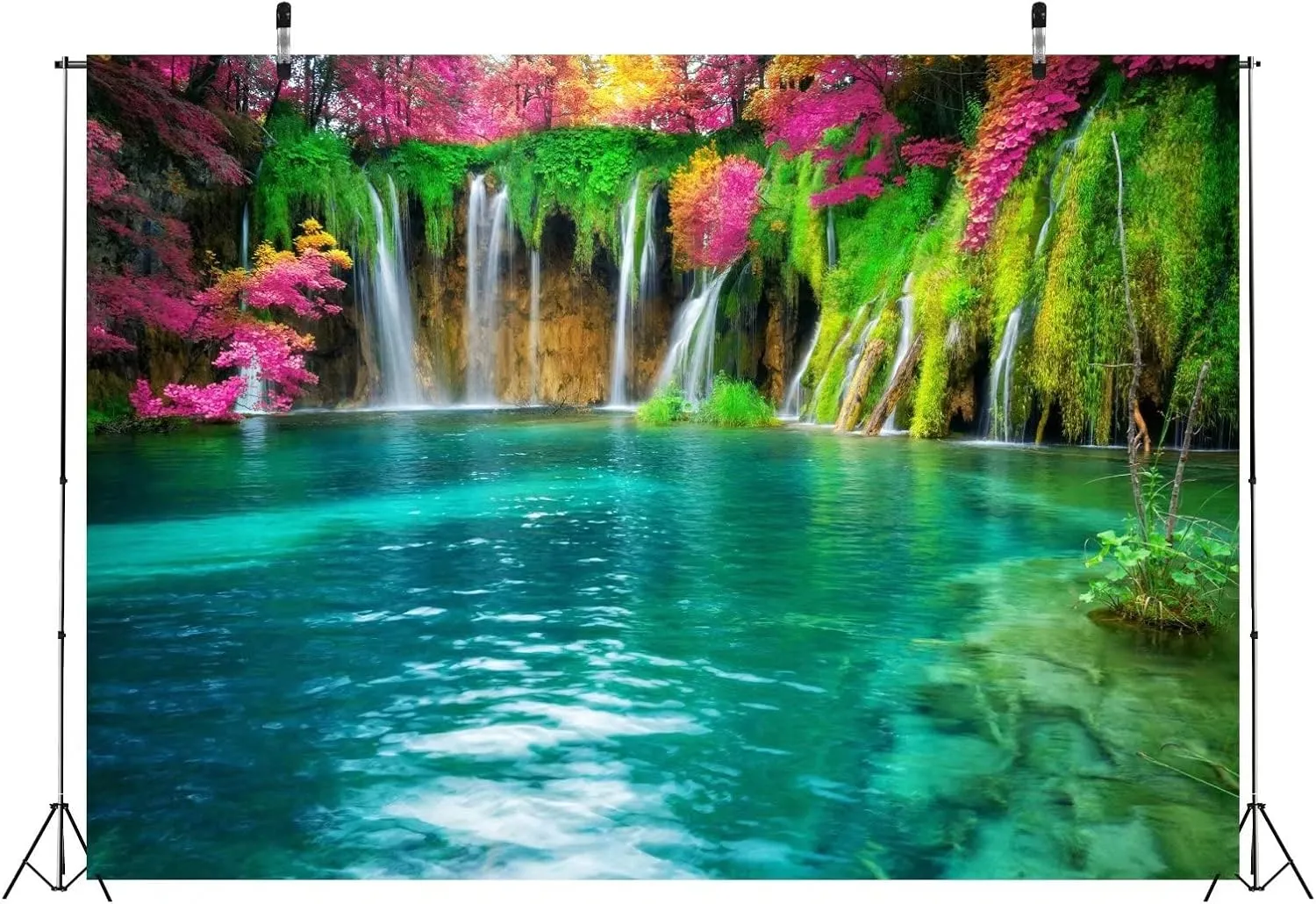 BELECO 12x10ft Fabric Forest Lake Backdrop Picturesque Waterfall Blooming Flowers Photography Backdrop Flowing Water Green Scenery Background Wallpaper Kids Adults Portrait Photo Shoot Studio Props