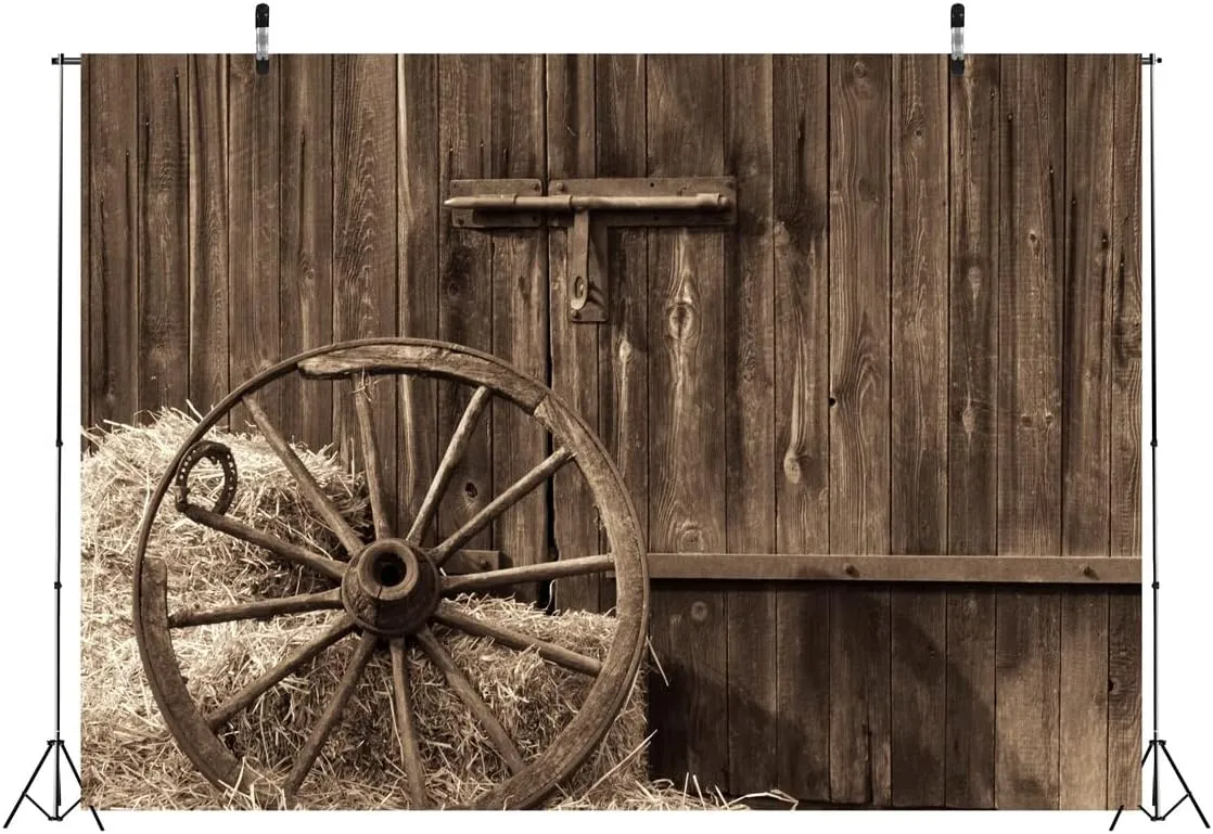 BELECO 12x8ft Fabric Cowboys Photo Backdrop Barn Door Old Barn with Antique Wheel Hay Bales Haystack Country Theme Photography Backdrop Western Party Decorations Kids Adults Photoshoot Photo Props