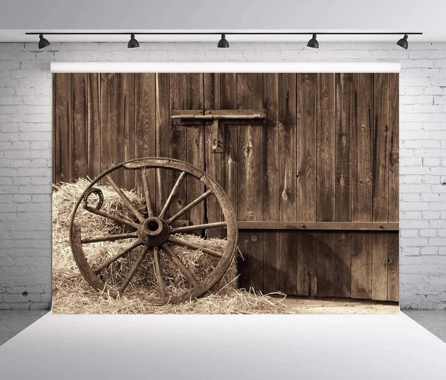 BELECO 12x8ft Fabric Cowboys Photo Backdrop Barn Door Old Barn with Antique Wheel Hay Bales Haystack Country Theme Photography Backdrop Western Party Decorations Kids Adults Photoshoot Photo Props