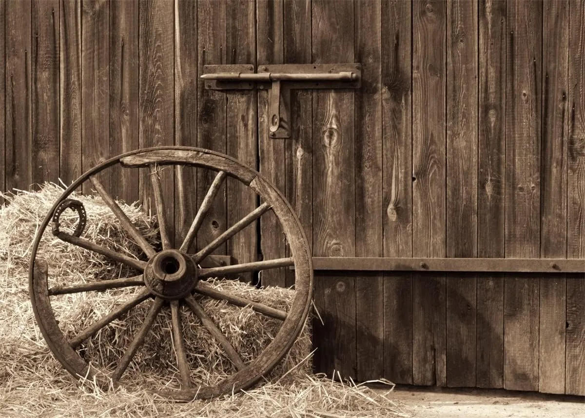 BELECO 12x8ft Fabric Cowboys Photo Backdrop Barn Door Old Barn with Antique Wheel Hay Bales Haystack Country Theme Photography Backdrop Western Party Decorations Kids Adults Photoshoot Photo Props
