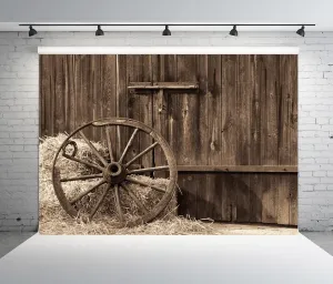 BELECO 12x8ft Fabric Cowboys Photo Backdrop Barn Door Old Barn with Antique Wheel Hay Bales Haystack Country Theme Photography Backdrop Western Party Decorations Kids Adults Photoshoot Photo Props