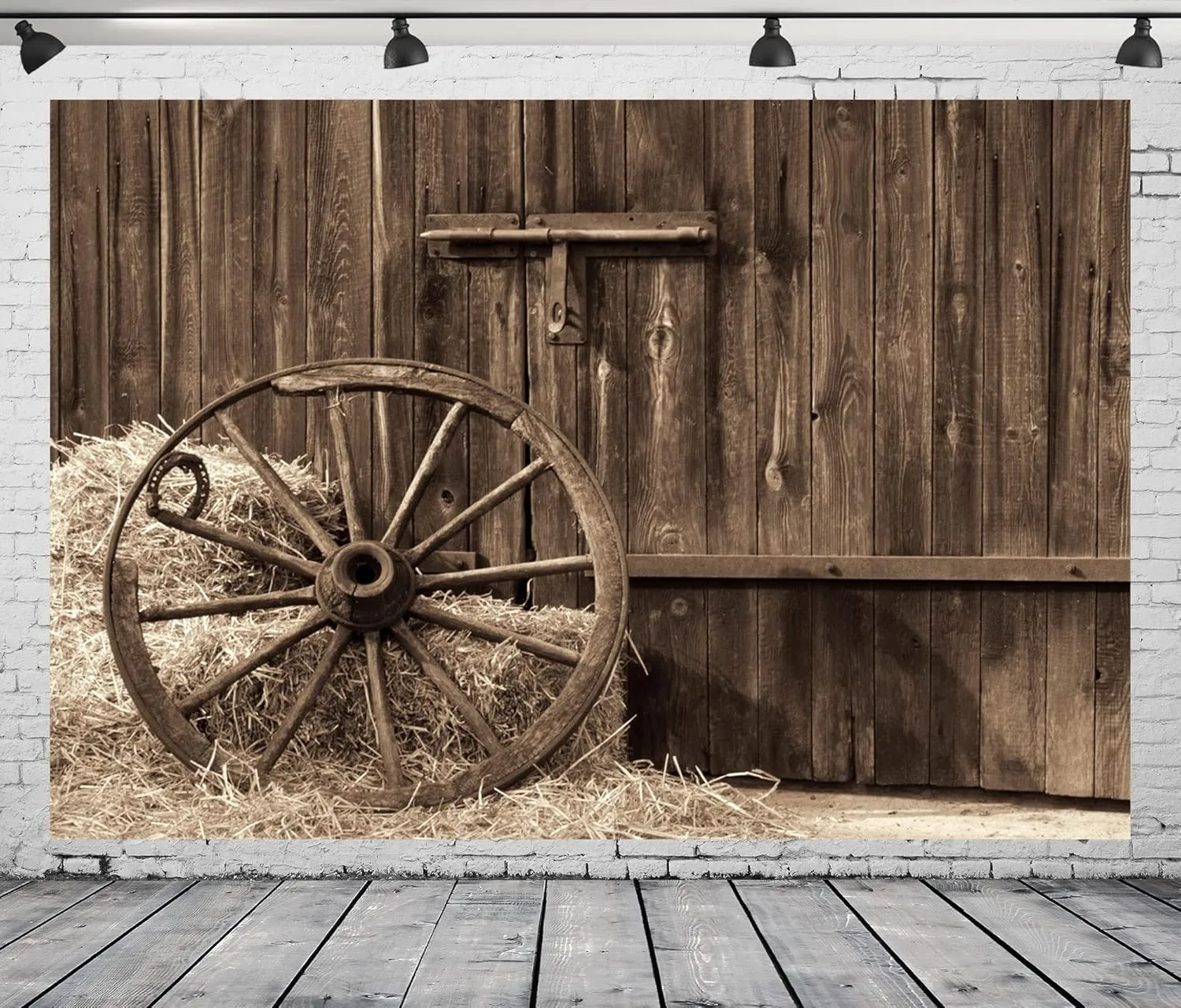 BELECO 12x8ft Fabric Cowboys Photo Backdrop Barn Door Old Barn with Antique Wheel Hay Bales Haystack Country Theme Photography Backdrop Western Party Decorations Kids Adults Photoshoot Photo Props