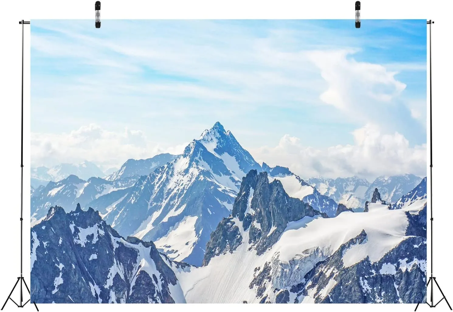 BELECO 15x10ft Fabric Winter Snow Mountains Photography Backdrop White Snow-covered Alps Alpine Scenery Ski Resort Blue Sky White Clouds Background Outdoor Adventure Holiday Travel Portrait Photo Prop