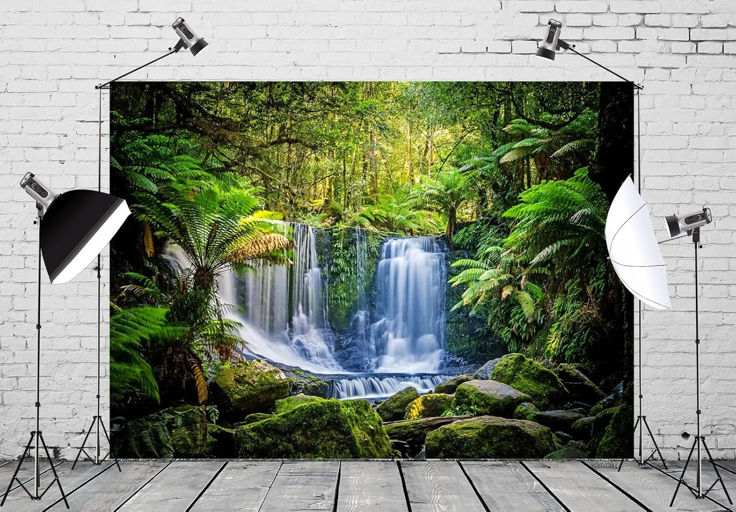 BELECO 7x5ft Fabric Jungel Forest Waterfall Photography Backdrop Tropical Rainforest Cascade Green Trees Landscape Background Walking Travel Outdoor Camping Activity Photo Shoot Studio Props