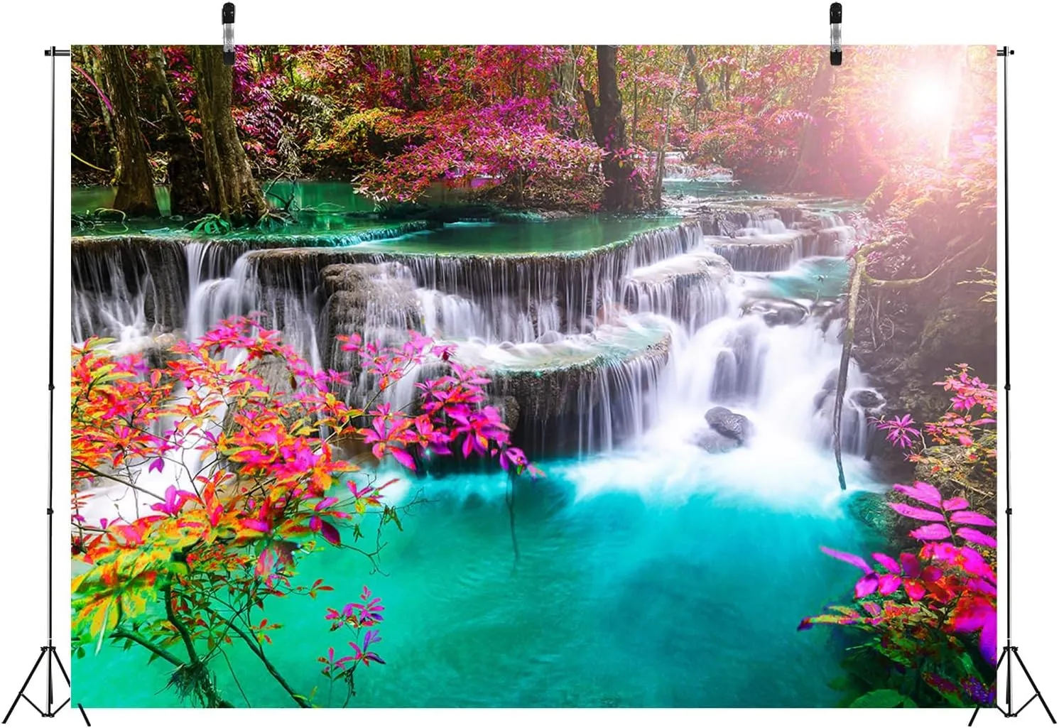 BELECO 7x5ft Fabric Waterfall Backdrops for Photography Green Lake Water Dazzling Sunshine Spring Summer Garden Landscape Backdrop Background Wallpaper Home Decor Portrait Photoshoot Studio Props