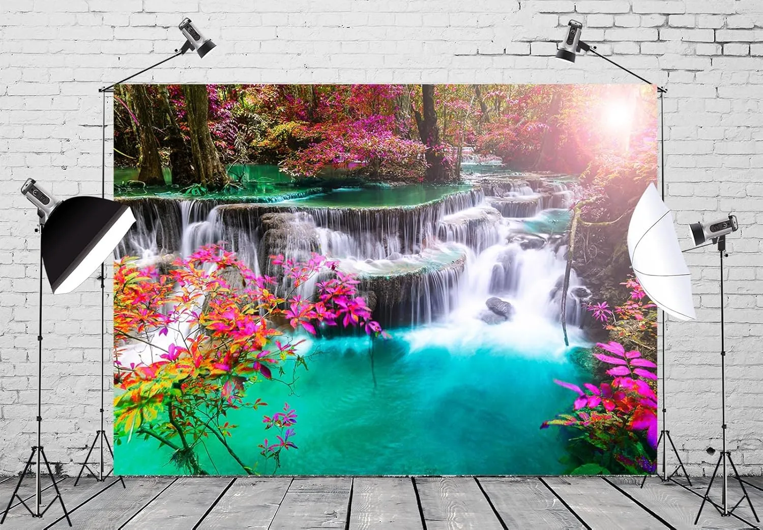 BELECO 7x5ft Fabric Waterfall Backdrops for Photography Green Lake Water Dazzling Sunshine Spring Summer Garden Landscape Backdrop Background Wallpaper Home Decor Portrait Photoshoot Studio Props