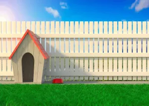 BELECO 8x6ft Fabric Outdoor Garden Doghouse Backdrop for Photography Wooden Cabin Dog House with Red Roof Green Grass Meadow White Fence Blue Sky background for Birthday Party Decor Photo Studio Props