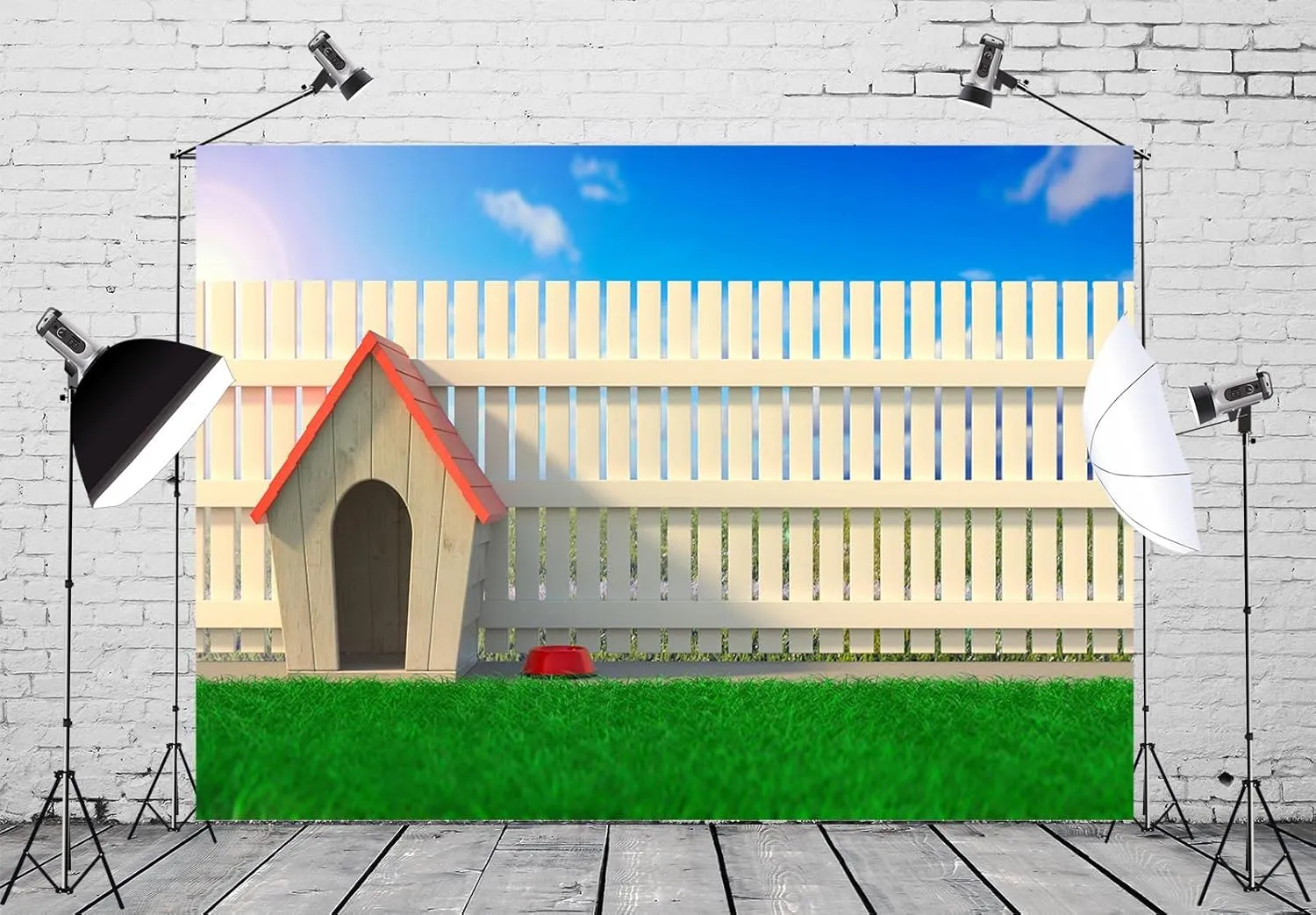 BELECO 8x6ft Fabric Outdoor Garden Doghouse Backdrop for Photography Wooden Cabin Dog House with Red Roof Green Grass Meadow White Fence Blue Sky background for Birthday Party Decor Photo Studio Props