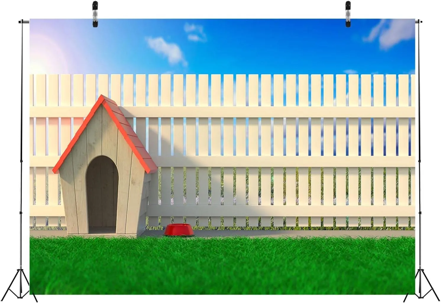 BELECO 8x6ft Fabric Outdoor Garden Doghouse Backdrop for Photography Wooden Cabin Dog House with Red Roof Green Grass Meadow White Fence Blue Sky background for Birthday Party Decor Photo Studio Props