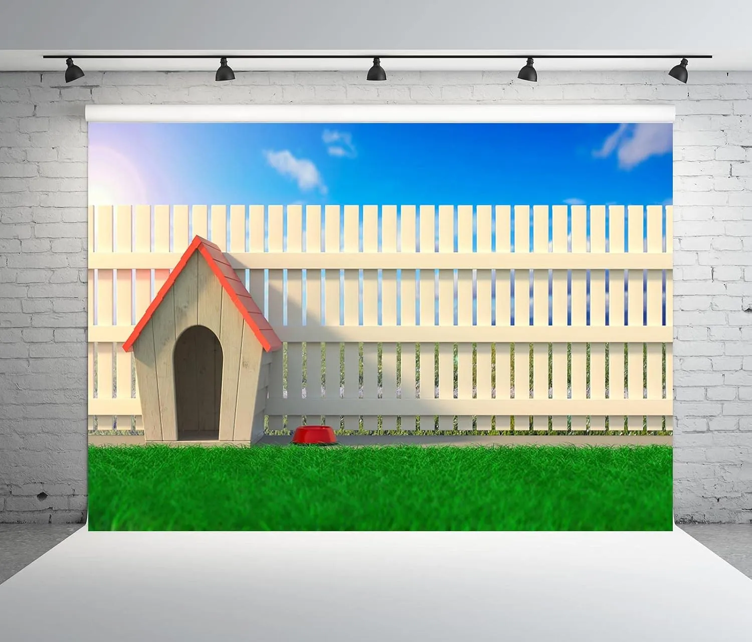 BELECO 8x6ft Fabric Outdoor Garden Doghouse Backdrop for Photography Wooden Cabin Dog House with Red Roof Green Grass Meadow White Fence Blue Sky background for Birthday Party Decor Photo Studio Props