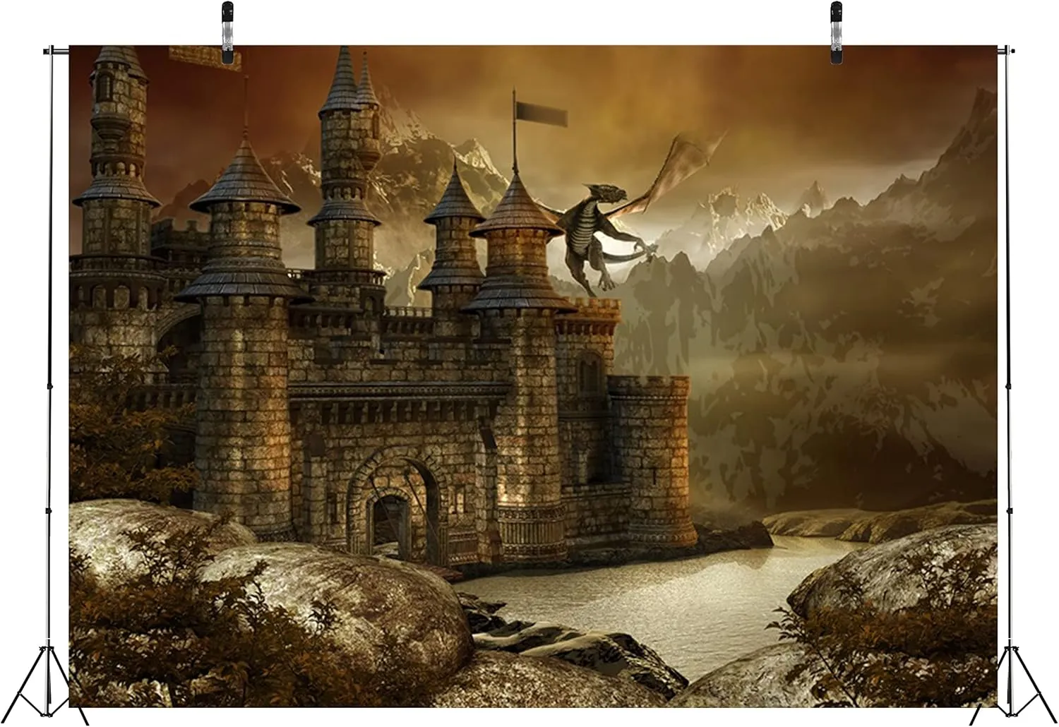 BELECO 9x6ft Fabric Fantasy Fairytale Castle Backdrop Giant Dragon Scene Medieval Architecture Mountain Lake Landscape Photography Background Wallpaper Kids Children Adults Photoshoot Photo Props