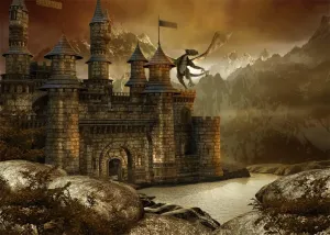 BELECO 9x6ft Fabric Fantasy Fairytale Castle Backdrop Giant Dragon Scene Medieval Architecture Mountain Lake Landscape Photography Background Wallpaper Kids Children Adults Photoshoot Photo Props