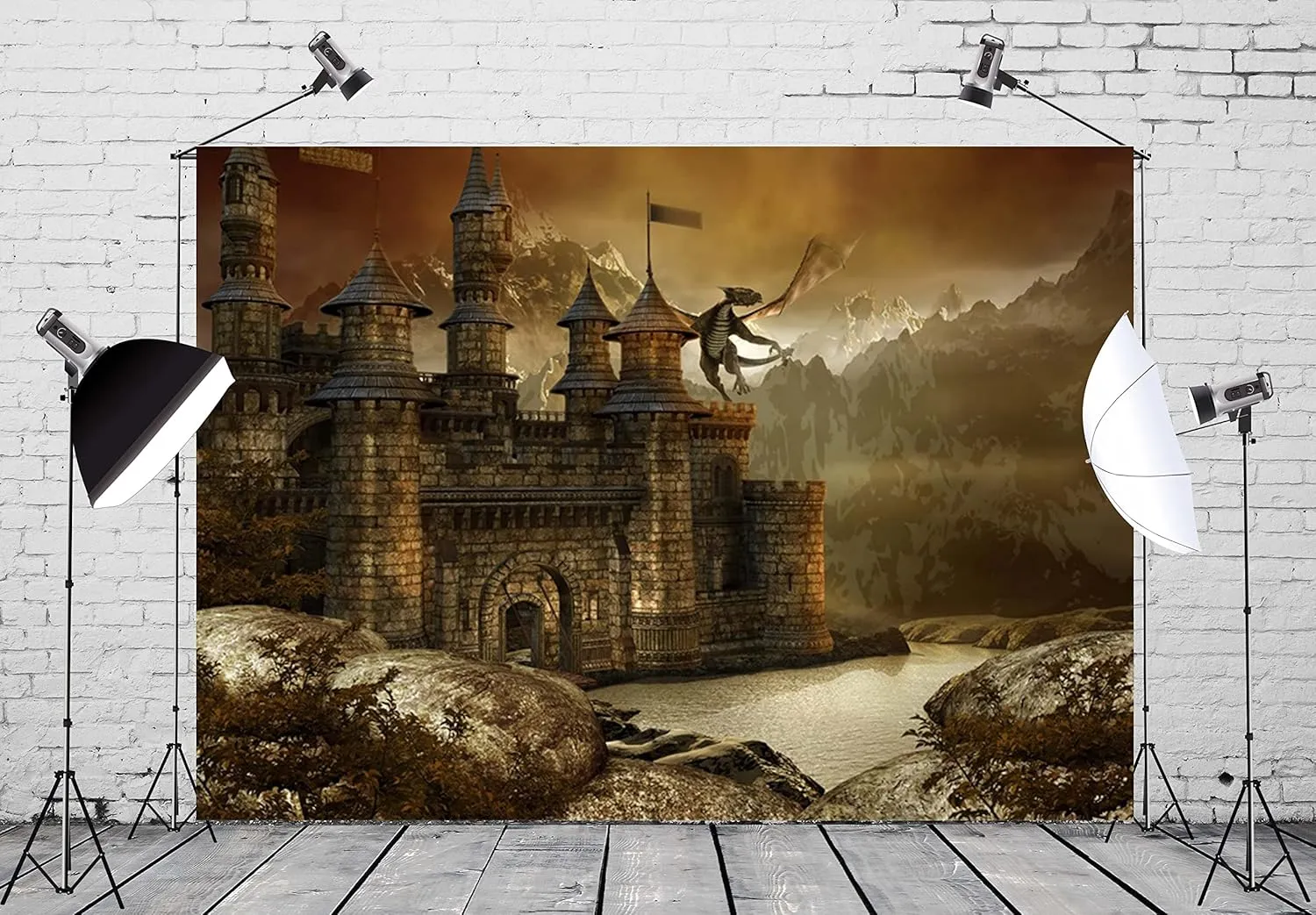 BELECO 9x6ft Fabric Fantasy Fairytale Castle Backdrop Giant Dragon Scene Medieval Architecture Mountain Lake Landscape Photography Background Wallpaper Kids Children Adults Photoshoot Photo Props