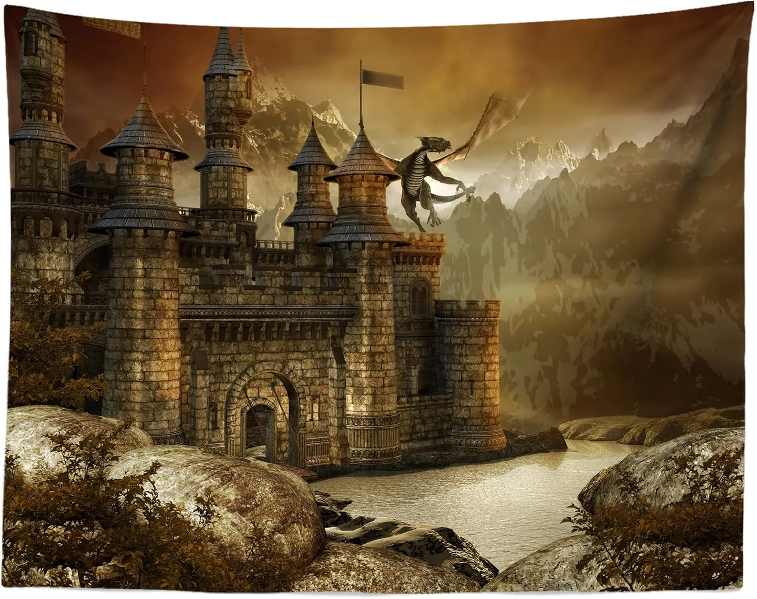 BELECO 9x6ft Fabric Fantasy Fairytale Castle Backdrop Giant Dragon Scene Medieval Architecture Mountain Lake Landscape Photography Background Wallpaper Kids Children Adults Photoshoot Photo Props