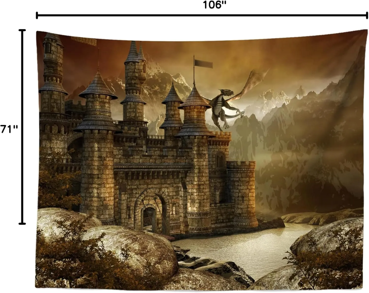 BELECO 9x6ft Fabric Fantasy Fairytale Castle Backdrop Giant Dragon Scene Medieval Architecture Mountain Lake Landscape Photography Background Wallpaper Kids Children Adults Photoshoot Photo Props