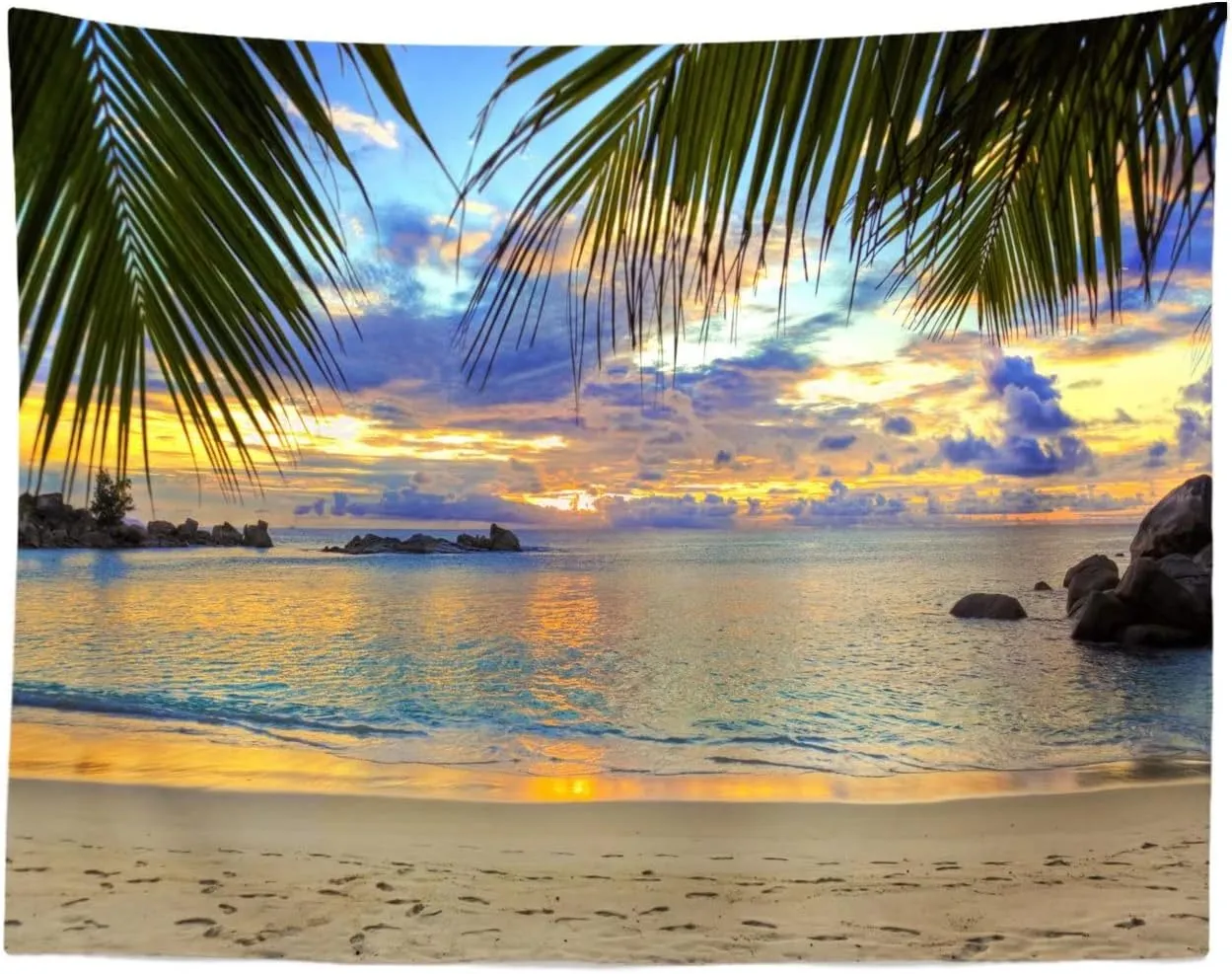 BELECO Sunset Beach Backdrop 9x6ft Fabric Summer Tropical Sea Palm Tree Hawaii Scenery Background Birthday Wedding Party Decor Baby Shower Photoshoot Prop Kids Adults Family Portrait Photo Prop