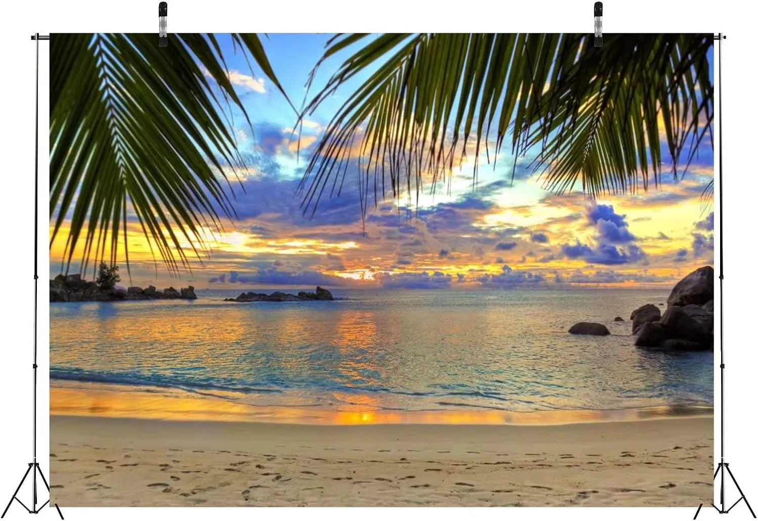 BELECO Sunset Beach Backdrop 9x6ft Fabric Summer Tropical Sea Palm Tree Hawaii Scenery Background Birthday Wedding Party Decor Baby Shower Photoshoot Prop Kids Adults Family Portrait Photo Prop