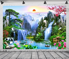 BELECO 10x8ft Fabric Fairyland Mountain Lake Photography Backdrop Waterfalls Swans Fish Flowers Dreamy Natural Landscape Painting Background Wall Murals Home Decor Kids Adults Portrait Photoshoot