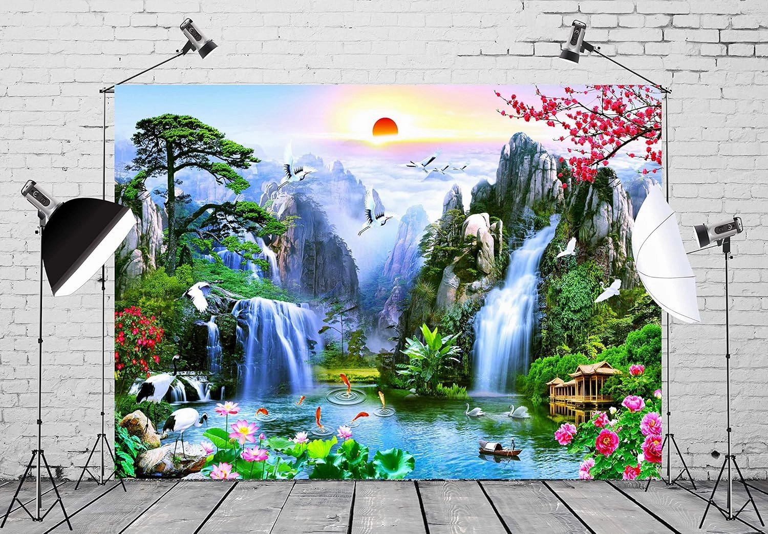 BELECO 10x8ft Fabric Fairyland Mountain Lake Photography Backdrop Waterfalls Swans Fish Flowers Dreamy Natural Landscape Painting Background Wall Murals Home Decor Kids Adults Portrait Photoshoot