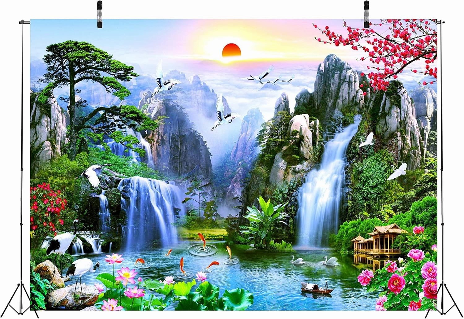 BELECO 10x8ft Fabric Fairyland Mountain Lake Photography Backdrop Waterfalls Swans Fish Flowers Dreamy Natural Landscape Painting Background Wall Murals Home Decor Kids Adults Portrait Photoshoot