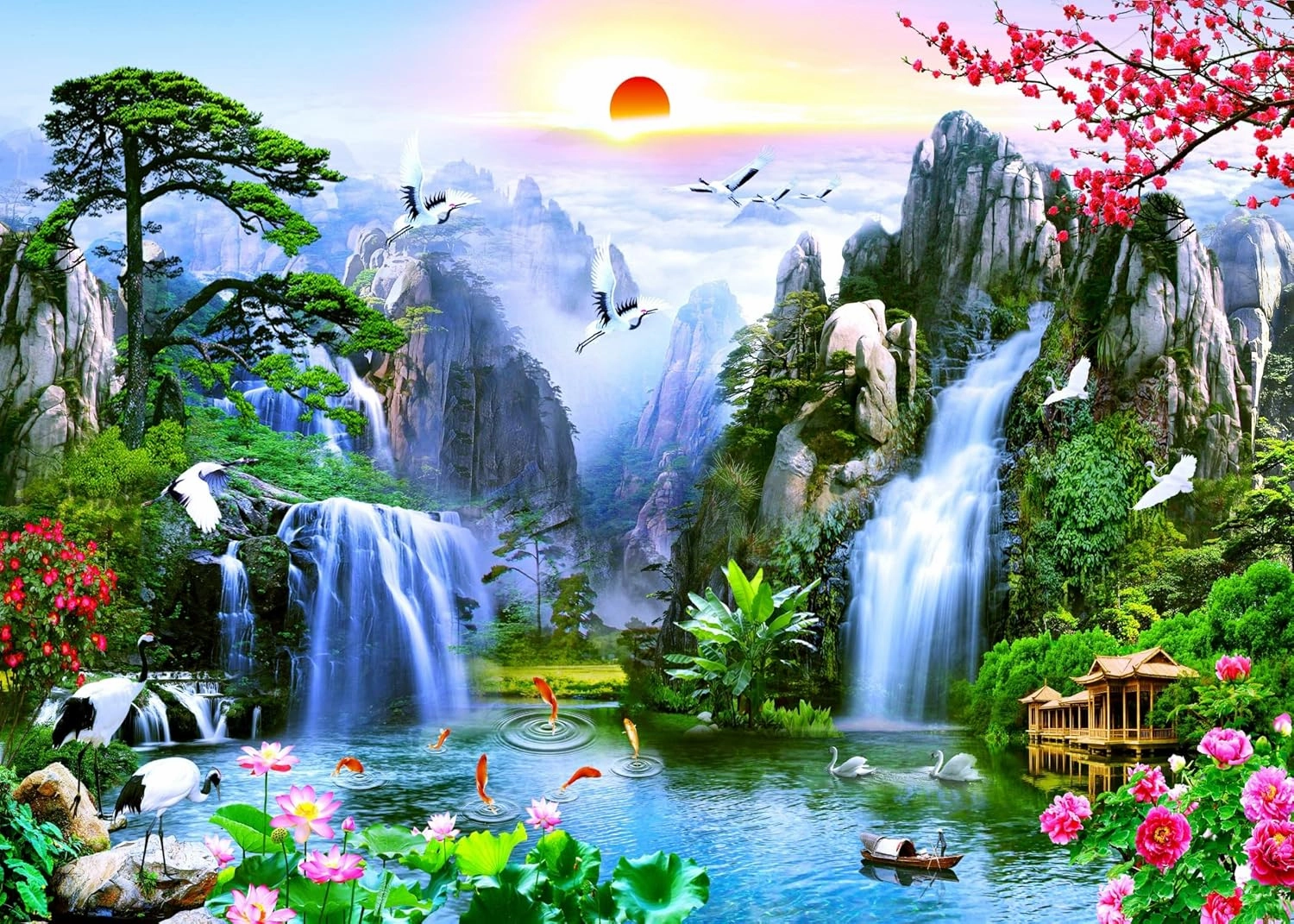 BELECO 10x8ft Fabric Fairyland Mountain Lake Photography Backdrop Waterfalls Swans Fish Flowers Dreamy Natural Landscape Painting Background Wall Murals Home Decor Kids Adults Portrait Photoshoot