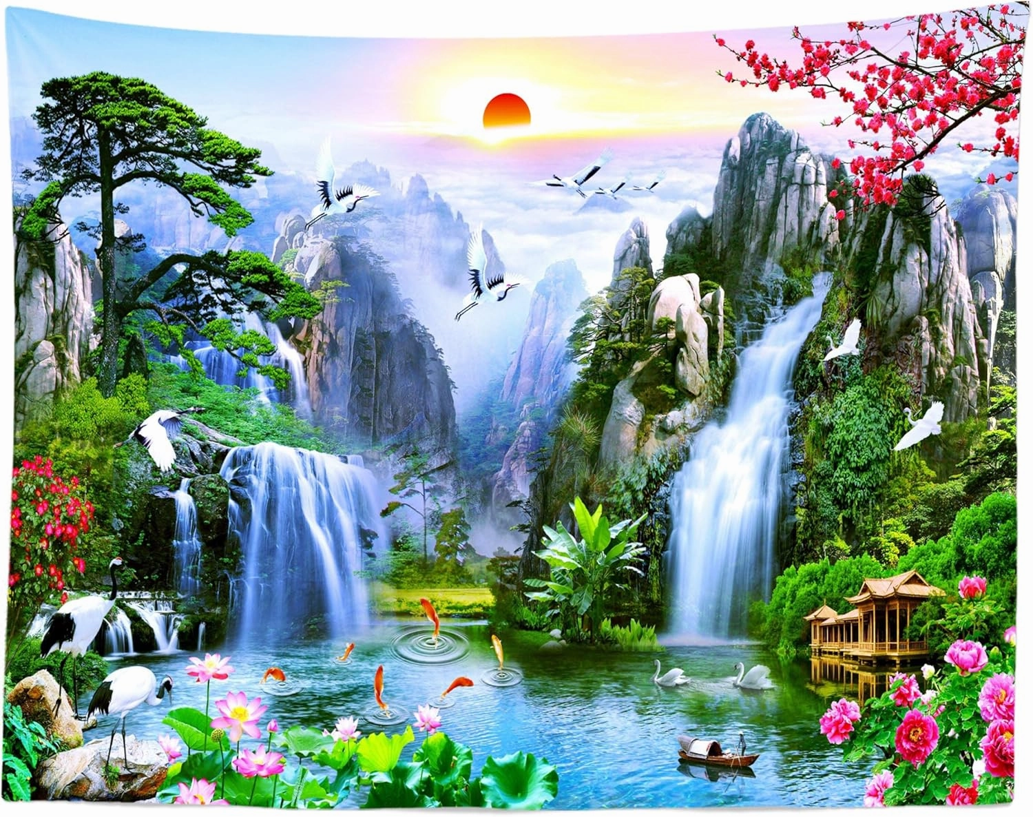 BELECO 10x8ft Fabric Fairyland Mountain Lake Photography Backdrop Waterfalls Swans Fish Flowers Dreamy Natural Landscape Painting Background Wall Murals Home Decor Kids Adults Portrait Photoshoot