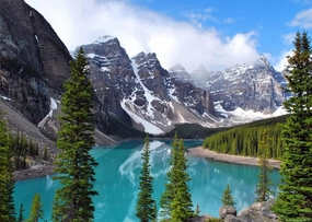 BELECO 10x8ft Fabric Mountain Lake Backdrop Banff National Park Scenery Moraine Lake Canadian Rocky Mountains Photograph Background Forest Trees Nature Outdoor Camping Portraits Shoot Photo Props