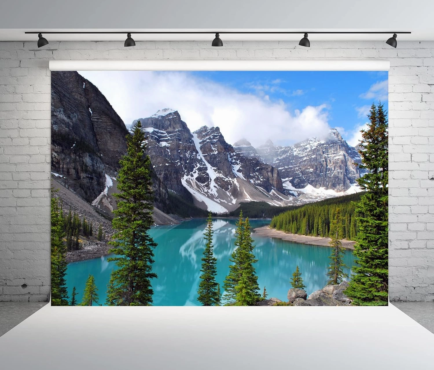 BELECO 10x8ft Fabric Mountain Lake Backdrop Banff National Park Scenery Moraine Lake Canadian Rocky Mountains Photograph Background Forest Trees Nature Outdoor Camping Portraits Shoot Photo Props