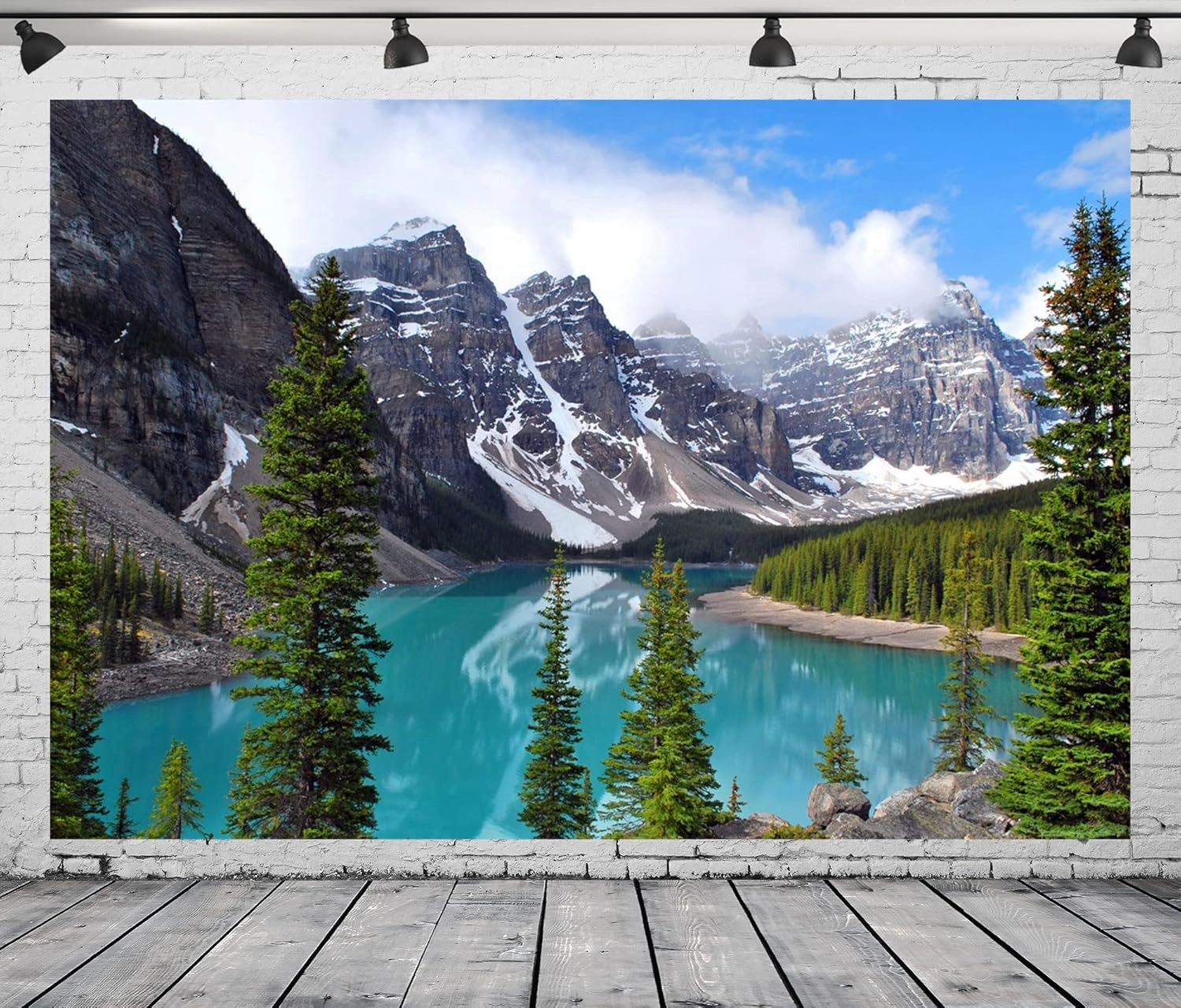 BELECO 10x8ft Fabric Mountain Lake Backdrop Banff National Park Scenery Moraine Lake Canadian Rocky Mountains Photograph Background Forest Trees Nature Outdoor Camping Portraits Shoot Photo Props