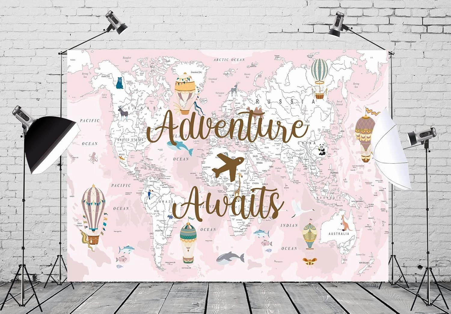 BELECO 7x5ft Fabric Adventure Awaits Backdrop Pink World Map Travel Themed Party Decorations Airplane Hot Air Balloons Bon Voyage Baby Shower Party Decor Banner Newborn Girls Photoshoot Props
