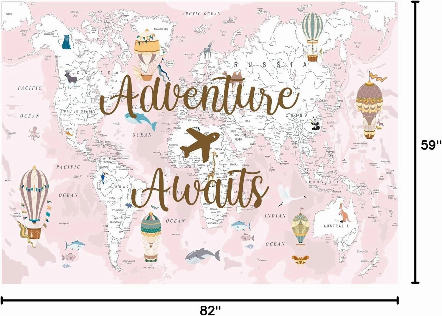 BELECO 7x5ft Fabric Adventure Awaits Backdrop Pink World Map Travel Themed Party Decorations Airplane Hot Air Balloons Bon Voyage Baby Shower Party Decor Banner Newborn Girls Photoshoot Props