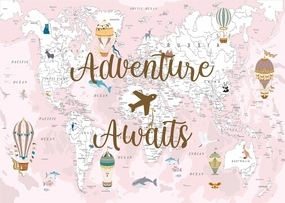 BELECO 7x5ft Fabric Adventure Awaits Backdrop Pink World Map Travel Themed Party Decorations Airplane Hot Air Balloons Bon Voyage Baby Shower Party Decor Banner Newborn Girls Photoshoot Props