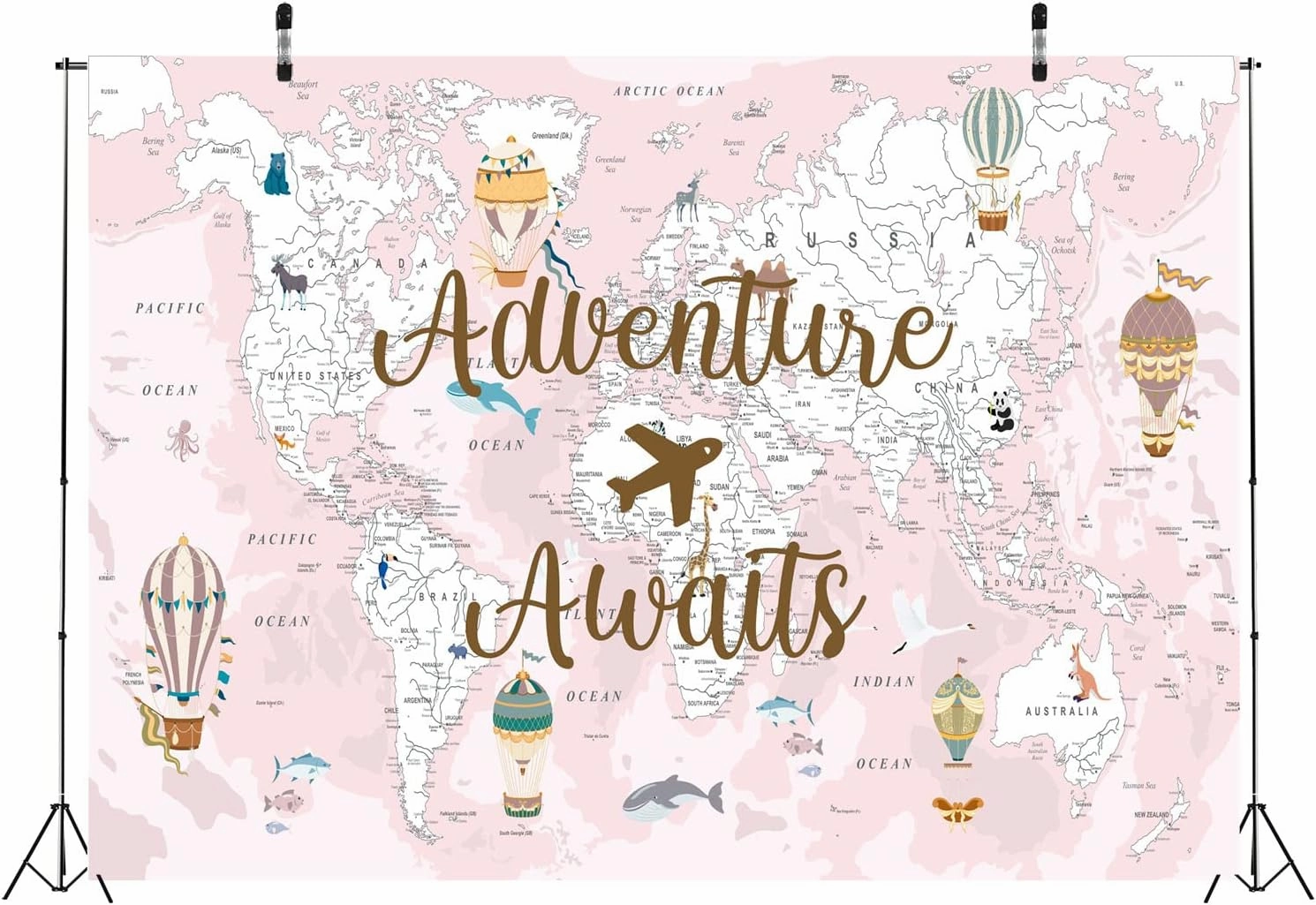 BELECO 7x5ft Fabric Adventure Awaits Backdrop Pink World Map Travel Themed Party Decorations Airplane Hot Air Balloons Bon Voyage Baby Shower Party Decor Banner Newborn Girls Photoshoot Props