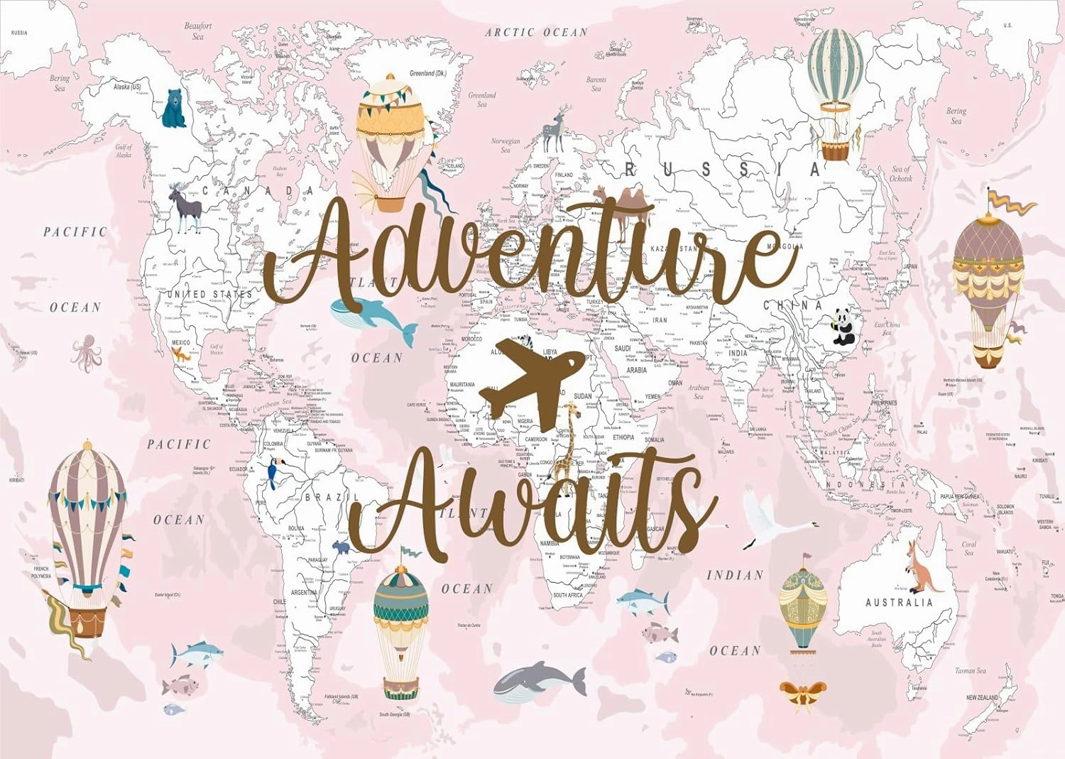 BELECO 7x5ft Fabric Adventure Awaits Backdrop Pink World Map Travel Themed Party Decorations Airplane Hot Air Balloons Bon Voyage Baby Shower Party Decor Banner Newborn Girls Photoshoot Props